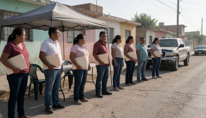Vecinos formados en una calle residencial junto a una mesa plegable bajo un toldo, con casas bajas y una camioneta estacionada