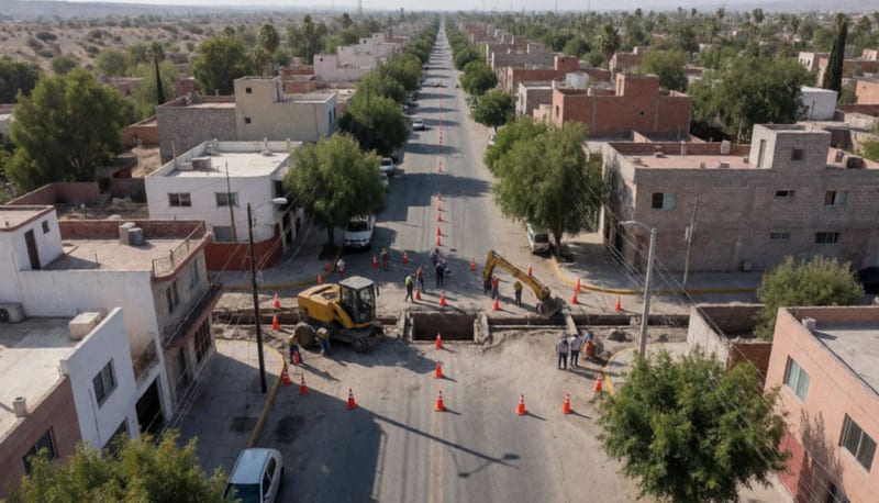 Cuadrilla de trabajadores reparando infraestructura de agua en una avenida residencial de la ciudad