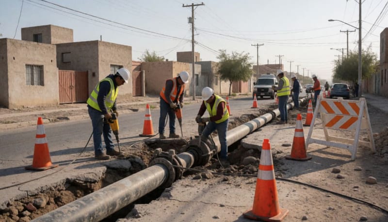 Cuadrilla de técnicos reparando una tubería de agua en una calle con pavimento excavado y conos de seguridad