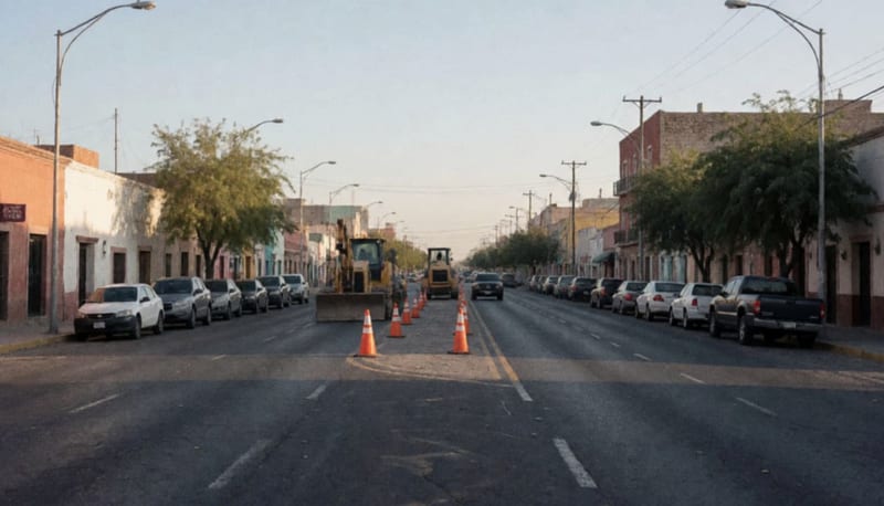 Avenida con conos de seguridad y equipo de construcción bloqueando carriles durante trabajos de drenaje