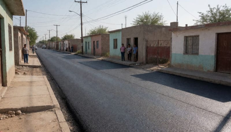 Calle rehabilitada con pavimento nuevo en una colonia de Meoqui, casas a los costados y sol de tarde