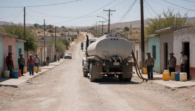 Pipa de agua estacionada en una calle residencial con familias recolectando agua en sus domicilios