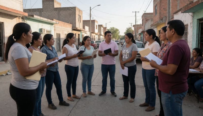 Vecinos reunidos en una plaza de barrio conversando y coordinándose en torno a iniciativas comunitarias