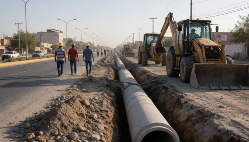 Obra vial con zanjas y tubería junto a una avenida de la ciudad, con maquinaria al fondo