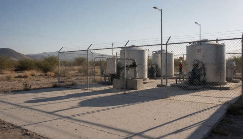Tanques de almacenamiento de agua y equipo de bombeo en una instalación municipal del desierto de Chihuahua