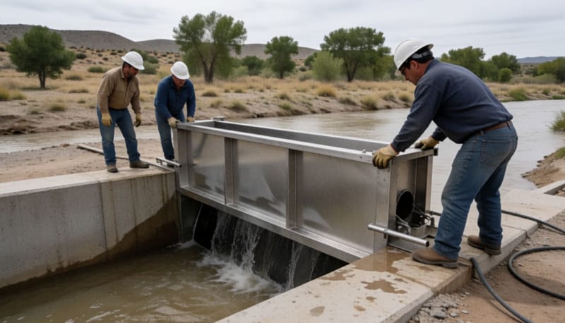 Trabajadores preparan una compuerta metálica junto a un canal de concreto con agua turbia y un río al fondo