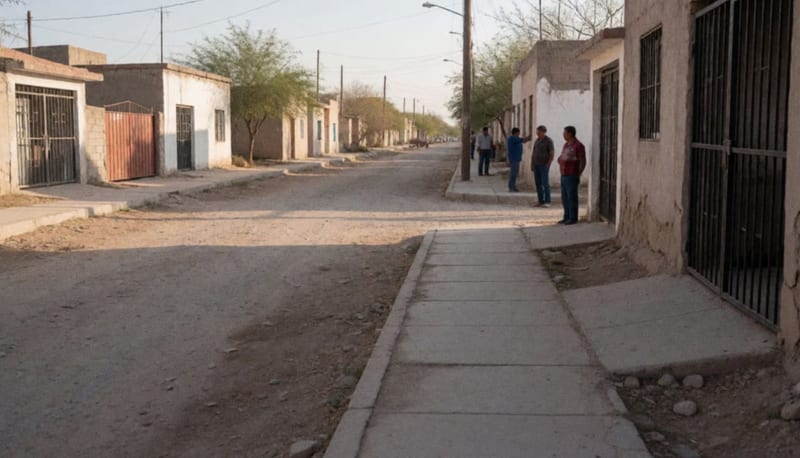 Calle residencial en zona árida de un municipio del norte de México bajo sol intenso