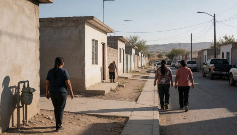 Calle residencial de un barrio parralense con casas modestas y una toma de agua visible en una pared