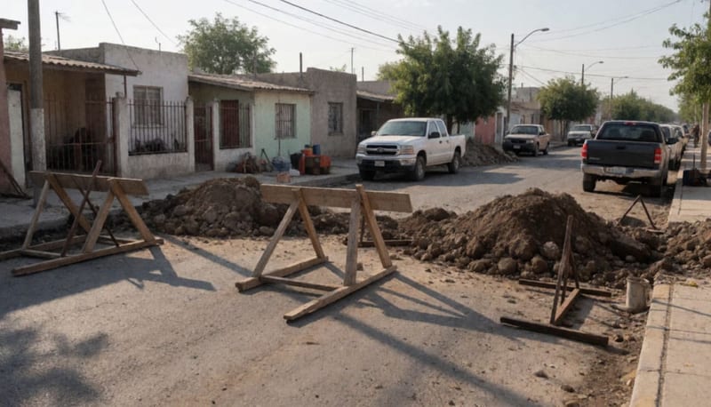 Calle de fraccionamiento con montones de tierra, tablas de madera y excavaciones sin cubrir en la calzada
