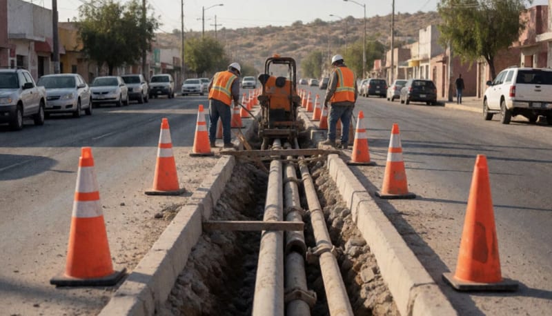 Área de construcción con conos de seguridad y trabajadores reparando tuberías en una avenida de Delicias