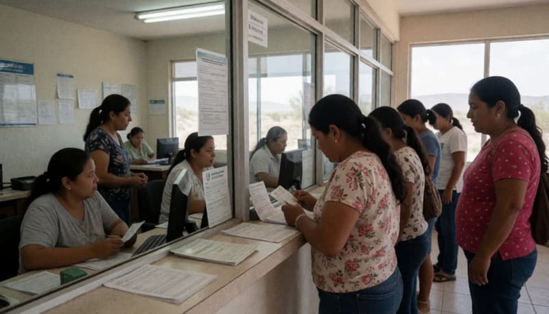 Personas formadas en una ventanilla de pagos de servicio de agua dentro de una oficina municipal