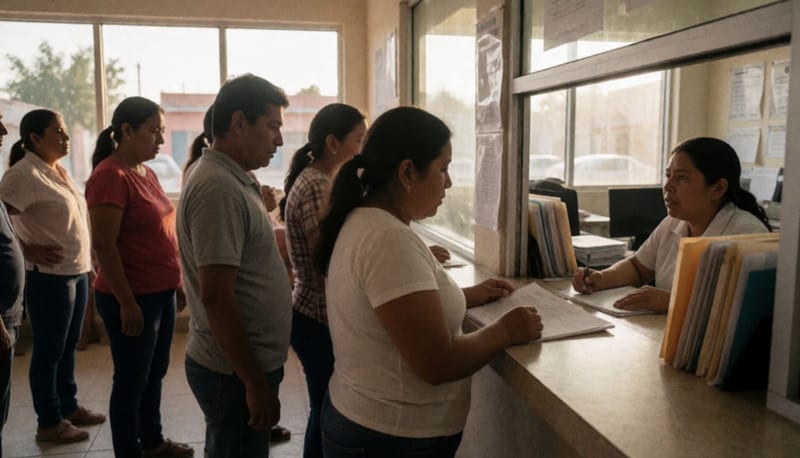 Personas en fila dentro de oficina de servicios de agua esperando atención al público