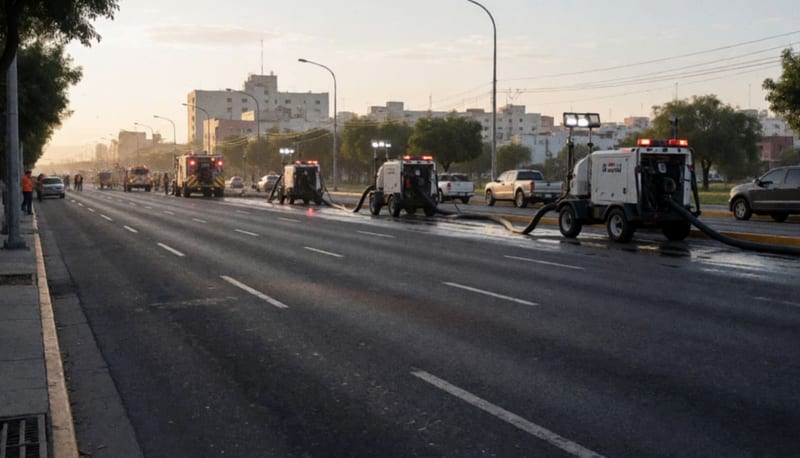 Avenida con carriles mojados y equipos de bombeo instalados sobre la banqueta tras labores nocturnas de drenaje