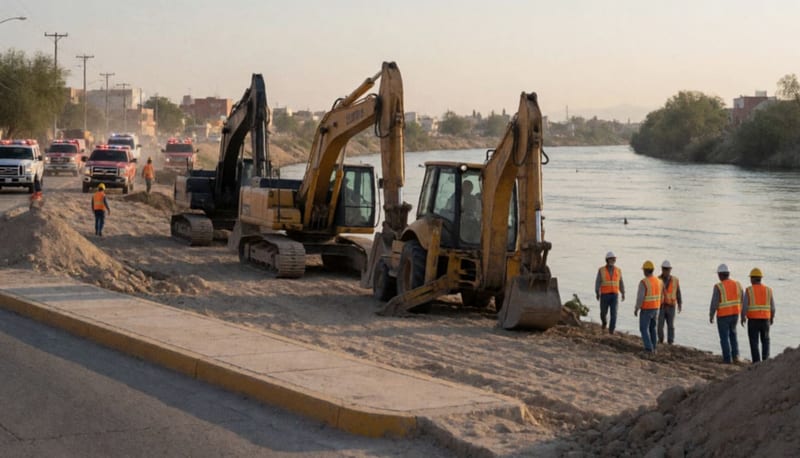 Excavadoras trabajando en la orilla del Río Bravo durante operativo de contención