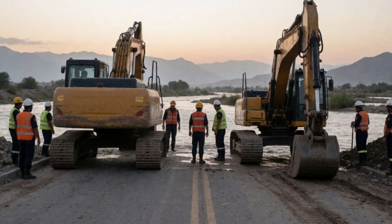 Excavadoras y personal trabajando en operativo de drenaje junto a las aguas del Río Bravo en la ciudad