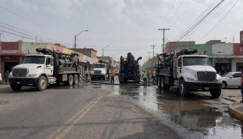 Equipos Vactor bombeando agua acumulada en una avenida de la ciudad tras las lluvias