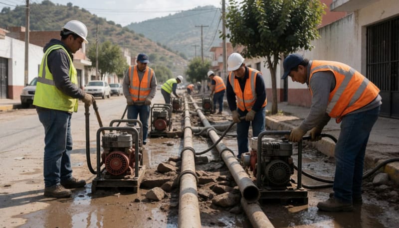 Trabajadores de la JMAS operando bombas de agua en una calle mojada con tuberías expuestas tras las inundaciones