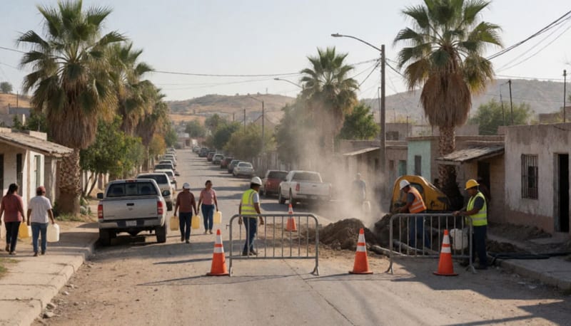 Operarios trabajando en una excavación en la calle para reparar tubería de agua, con conos de seguridad y maquinaria en el sitio