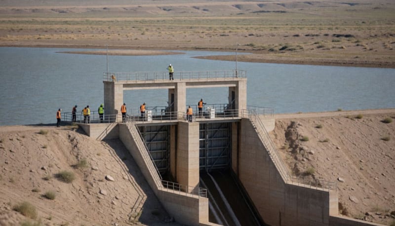 Personal de la JMAS inspeccionando las compuertas de control de la presa de Parral durante labores de revisión