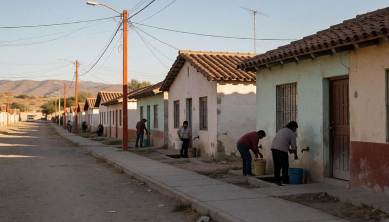 Casas de adobe y concreto en una zona residencial de Camargo, con postes de luz y líneas eléctricas atravesando la escena