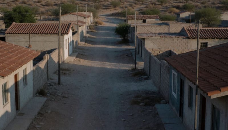 Casas de una comunidad rural en la región desértica del norte de Chihuahua con tuberías visibles en las fachadas