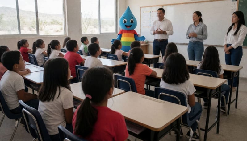Estudiantes de primaria participando en una sesión de capacitación sobre el cuidado del agua en un aula de Parral