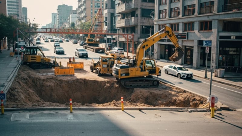 Maquinaria pesada trabajando en la intersección de una avenida urbana con conos y barreras de seguridad
