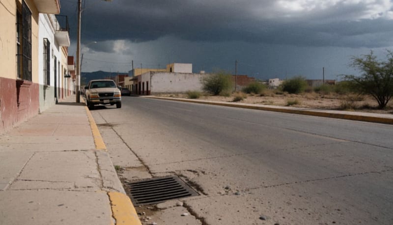 Calle de ciudad norteña con nubes de tormenta, coladeras visibles y agua acumulándose en la calzada
