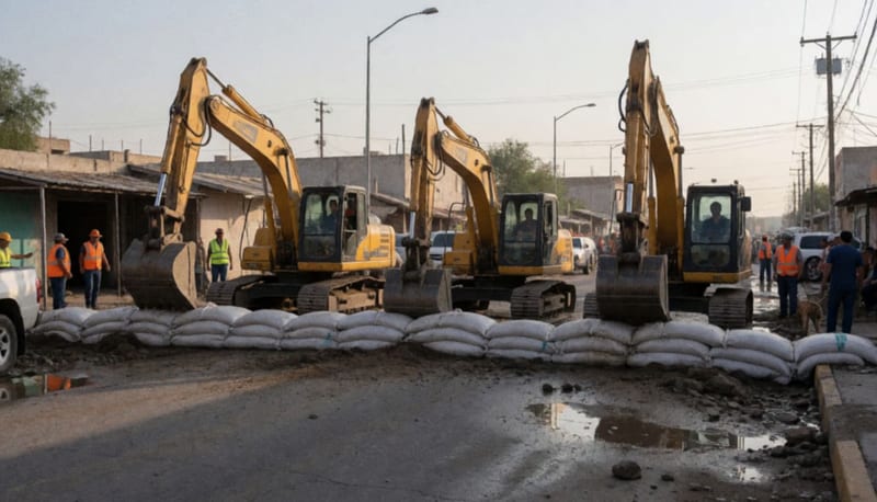 Excavadoras y personal operativo desplegados sobre una calle inundada en zona fronteriza durante operativo de contención