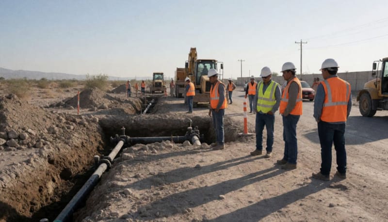 Trabajadores en una zona de construcción con tuberías y equipos de infraestructura hidráulica en el terreno árido