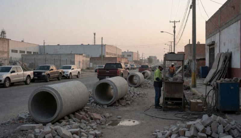 Materiales de construcción y tuberías de concreto en una zona industrial de Ciudad Juárez
