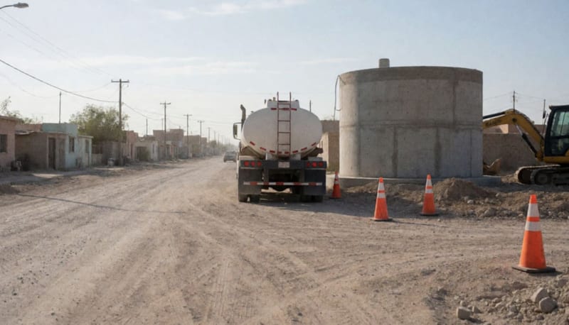 Camión cisterna visto de espaldas junto a un tanque de concreto nuevo en un camino de terracería con casas bajas al fondo
