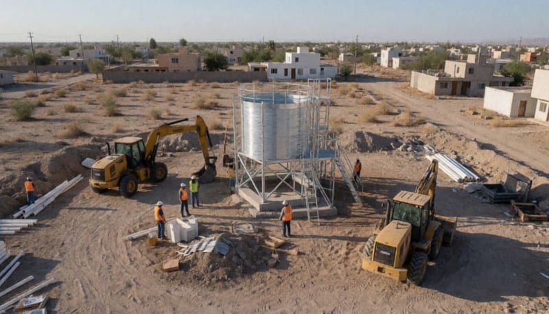 Sitio de construcción con tanque metálico de almacenamiento de agua en proceso de armado en zona desértica de Ciudad Juárez
