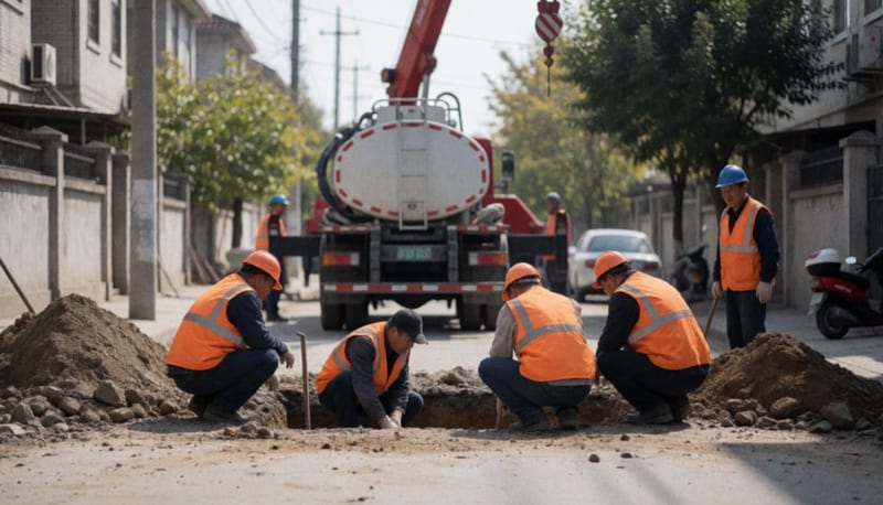Cuadrilla trabajando en una excavación en una calle residencial junto a un camión de servicio