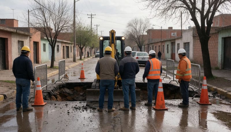 Trabajadores con casco y una retroexcavadora reparan un hundimiento en una calle mojada rodeada de conos naranjas y vallas metálicas