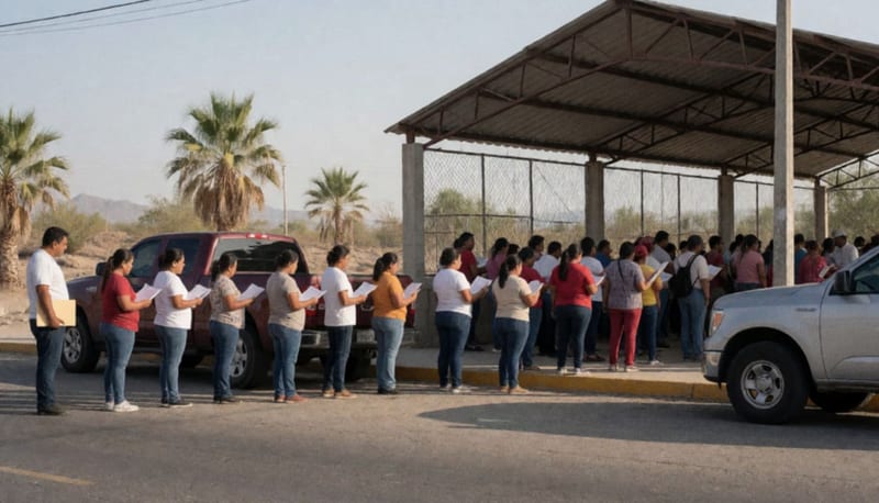 Vecinos formados en una instalación comunitaria al sur de Chihuahua para realizar trámites de agua y saneamiento