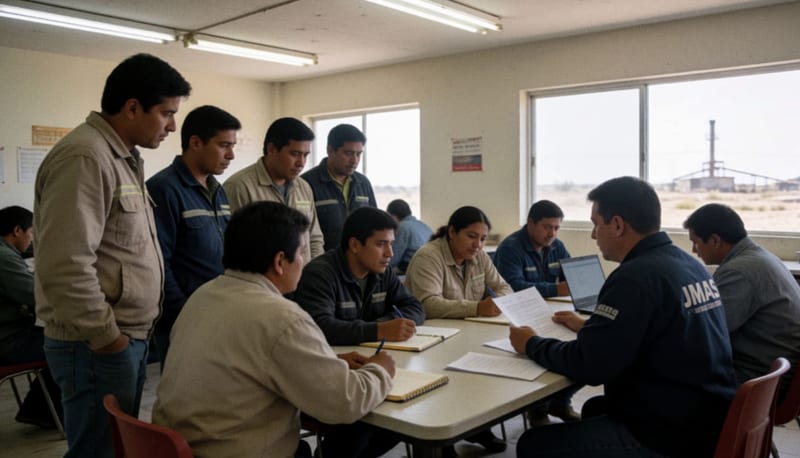 Personal de la JMAS atiende consultas de trabajadores en una sala de descanso de una empresa maquiladora