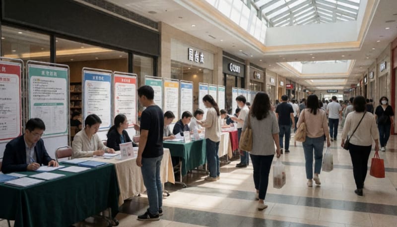 Ciudadanos en fila ante puestos de atención en un centro comercial durante la feria de servicios