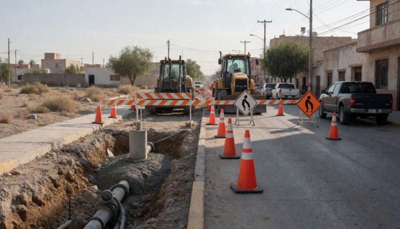 Sector cerrado de una calle con barricadas de construcción y concreto fresco sobre una zanja de servicios