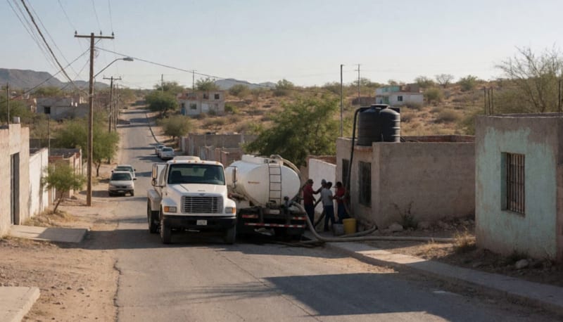 Camión pipa de agua estacionado en una calle residencial del desierto mexicano