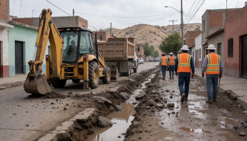 Retroexcavadora y camión de volteo trabajando junto a una zanja con agua lodosa en una calle residencial tras la lluvia