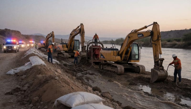 Excavadoras y equipos de bombeo desplegados en operativo de emergencia junto al Río Bravo al atardecer