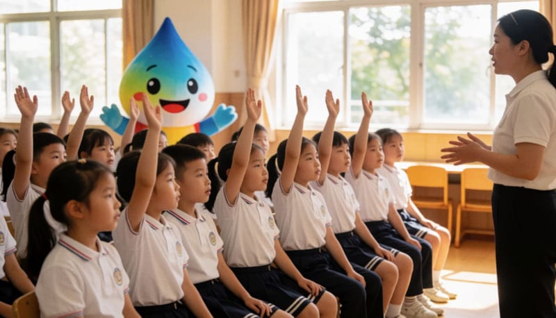 Estudiantes de primaria atentos en una charla educativa dentro de un aula, mascota de gota de agua al fondo