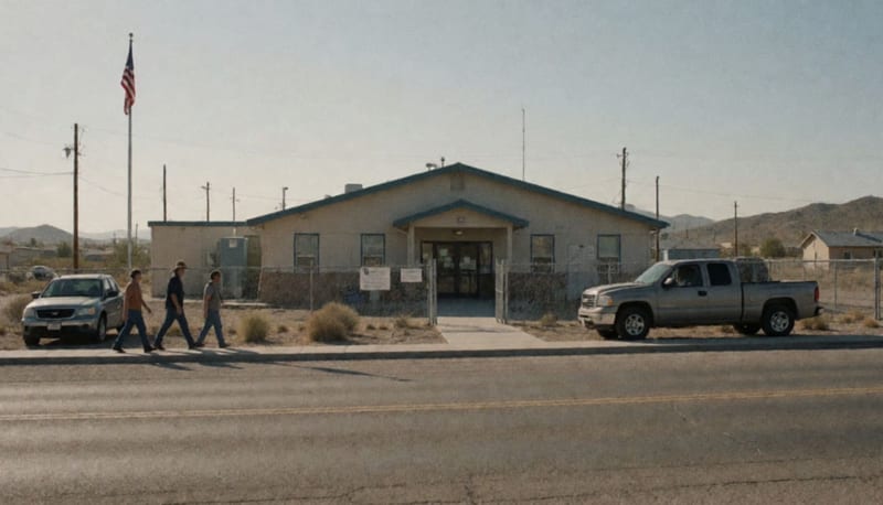 Instalaciones de agua y saneamiento en un municipio del desierto chihuahuense con paisaje árido al fondo