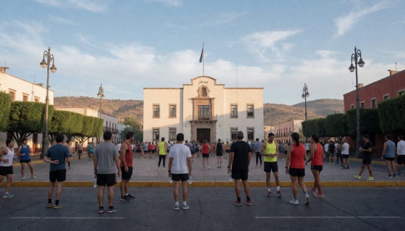 Corredores reunidos en la plaza central antes del inicio de la carrera atlética matutina