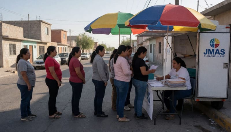 Ciudadanos haciendo fila en un módulo de atención de la JMAS instalado en una colonia de la ciudad