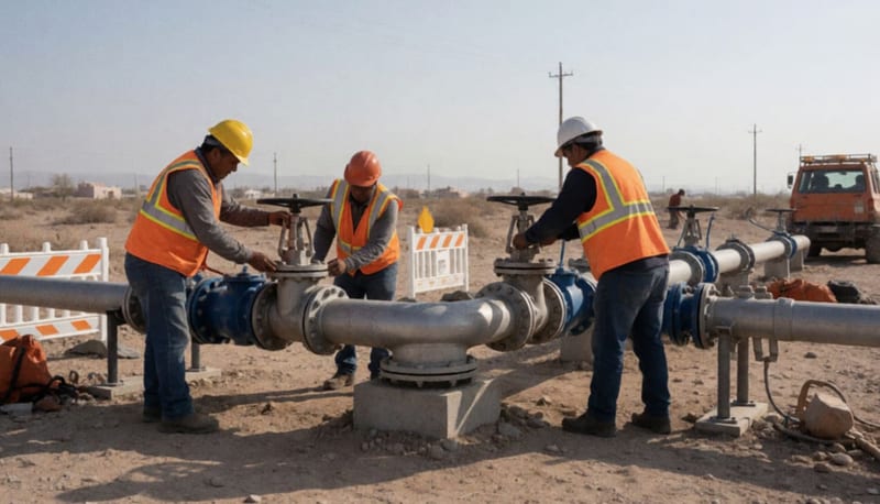 Técnicos realizando labores de conexión de válvulas en instalaciones de agua en zona desértica