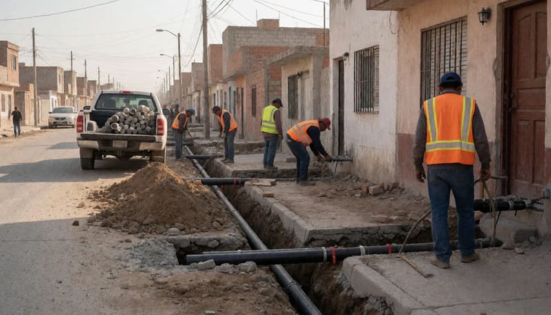 Trabajadores renovando tuberías de agua en una calle de la colonia El Quijote con trincheras abiertas y tubería nueva
