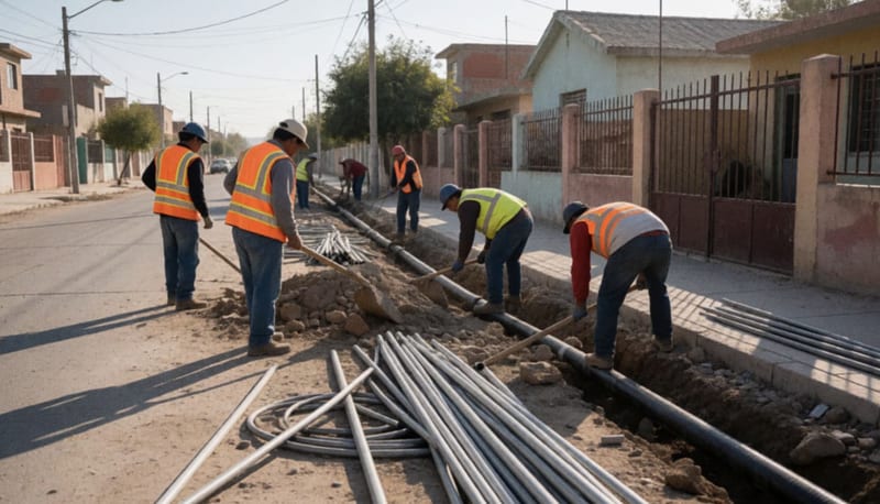 Trabajadores con equipo de seguridad instalando tubería nueva en una calle residencial del fraccionamiento