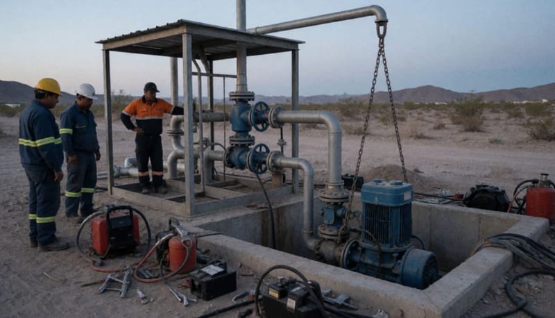 Trabajadores de la JMAS instalando equipo de bombeo en un pozo de agua en zona desértica